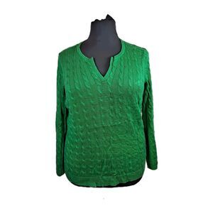 Lauren Ralph Lauren Women's Sweater Size 1X Green Cable Knit Cotton Blend V-neck